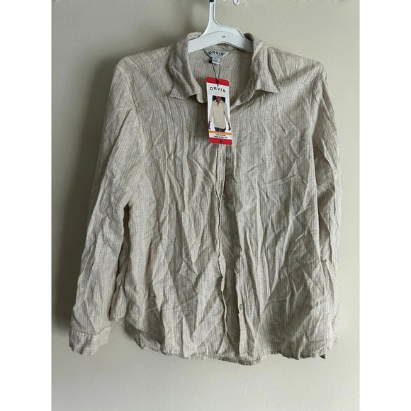 Orvis Womens M Taupe Striped Roll Tab Sleeves Linen Blend Button Up Shirt NWT - Picture 1 of 6